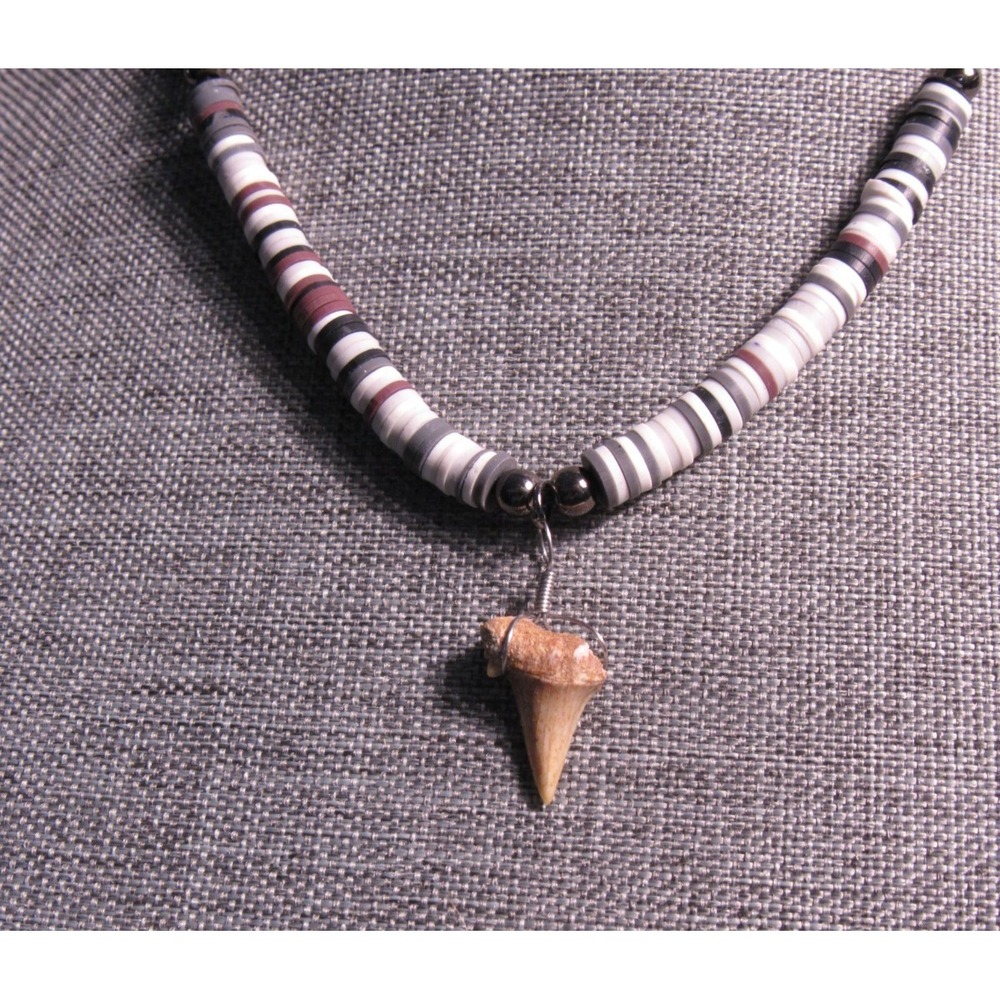 Shark Tooth Pendant Necklace Heishi Beads Adjustable Black Cord Coastal Surfer